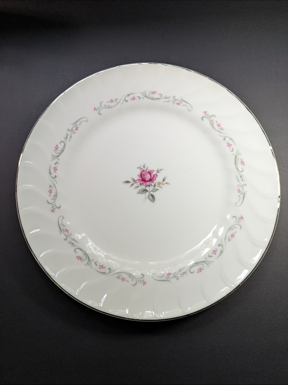 Vintage Dinner Plate Fine China Japan Pink Rose Silver Rim Cottagecore Floral